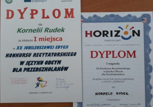 Dyplom oraz nagroda za zdobycie I miejsca.