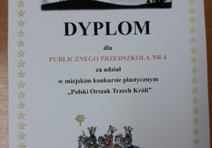 Dyplom gratulacyjny dla Publicznego przedszkola nr 4.