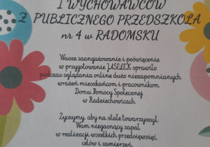 Podziękowania dla Dyrekcji i Wychowawców z Publicznego Przedszkola nr 4 w Radomsku za przygotowanie Jasełek dla mieszkańcow i pracowników DPS w Radziechowicach